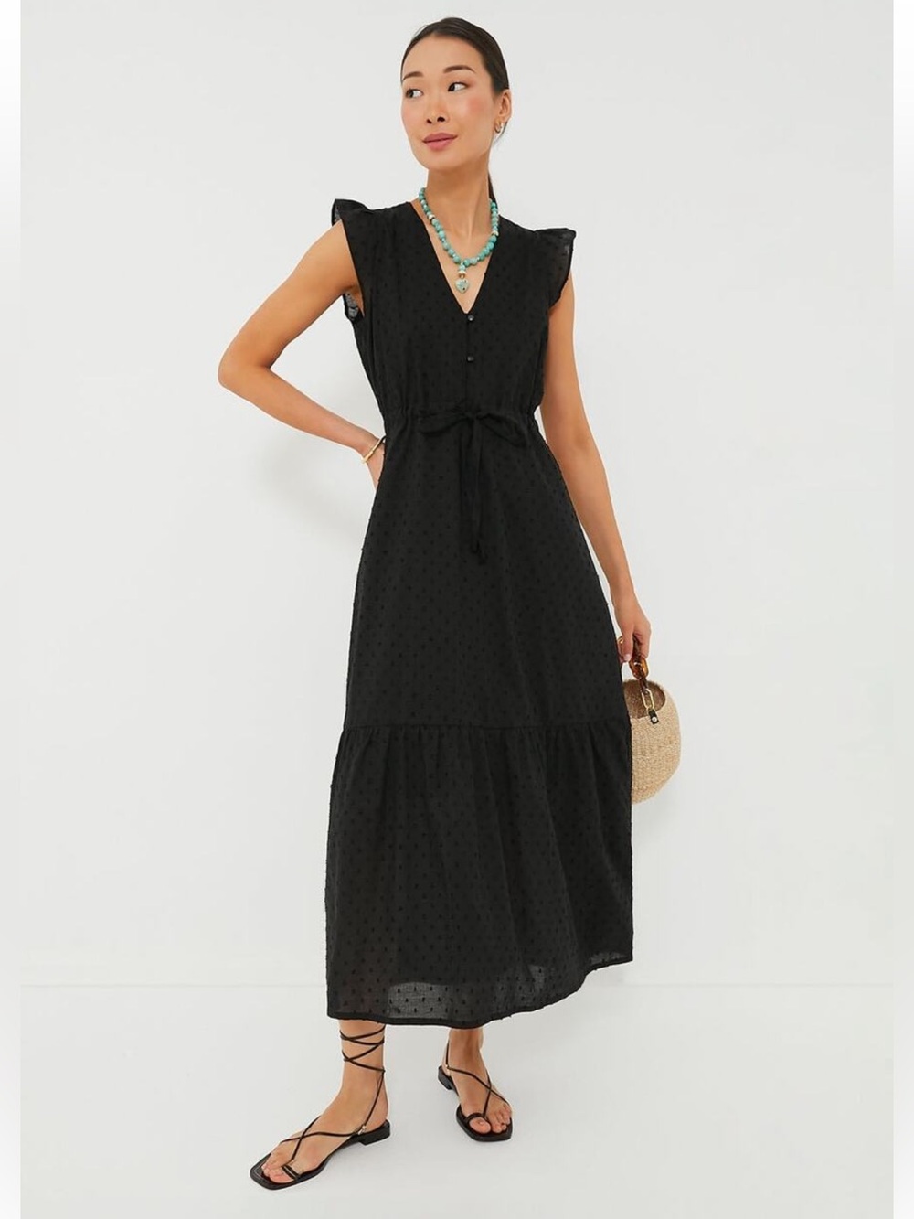 Tuckernuck Emerson Fry Dress Surya Swiss Dot Cotton Ruffle Sleeve Maxi in Black